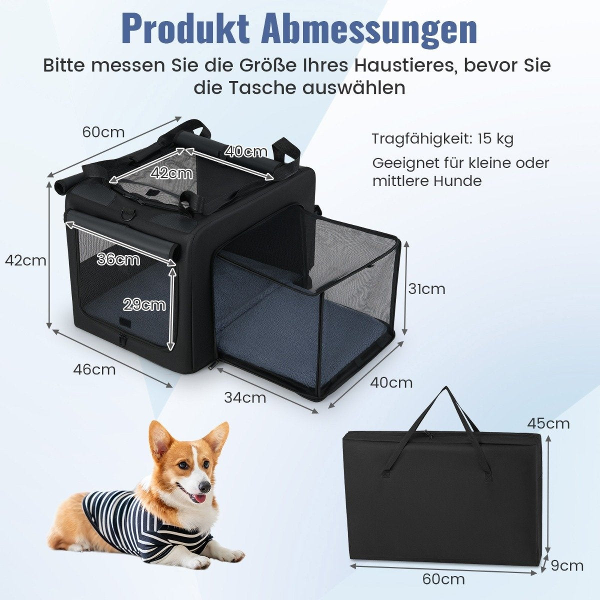 La imagen muestra un transportín para perros y un perro con una camisa a rayas. Se muestran dimensiones y capacidad. El perro es un corgi.