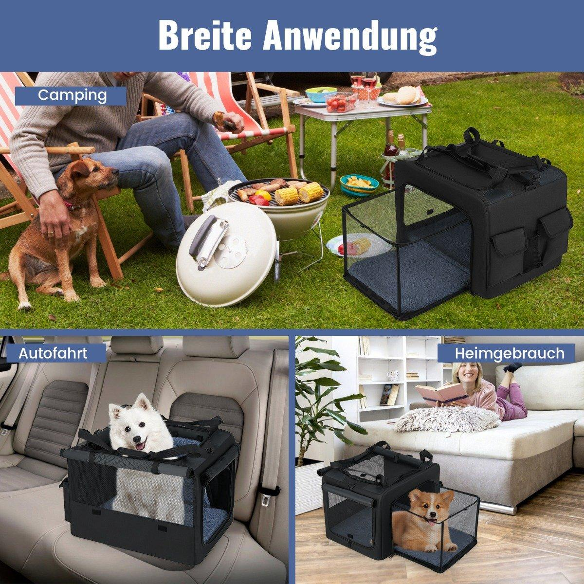 La imagen muestra el uso del transportín para perros: acampada con perro, viaje en coche con perro y uso doméstico con perro. El texto dice 'Breite Anwendung'.