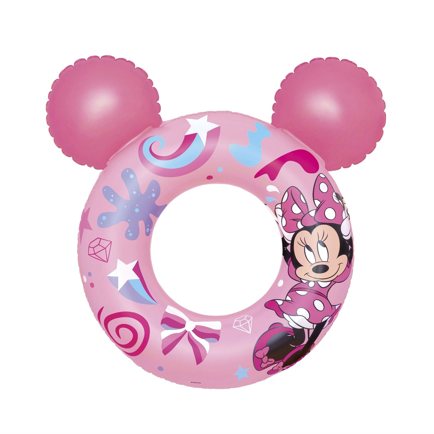 Un flotador rosa de Minnie Mouse. Tiene dos orejas rosas arriba. Minnie está en el flotador con un vestido de lunares.
