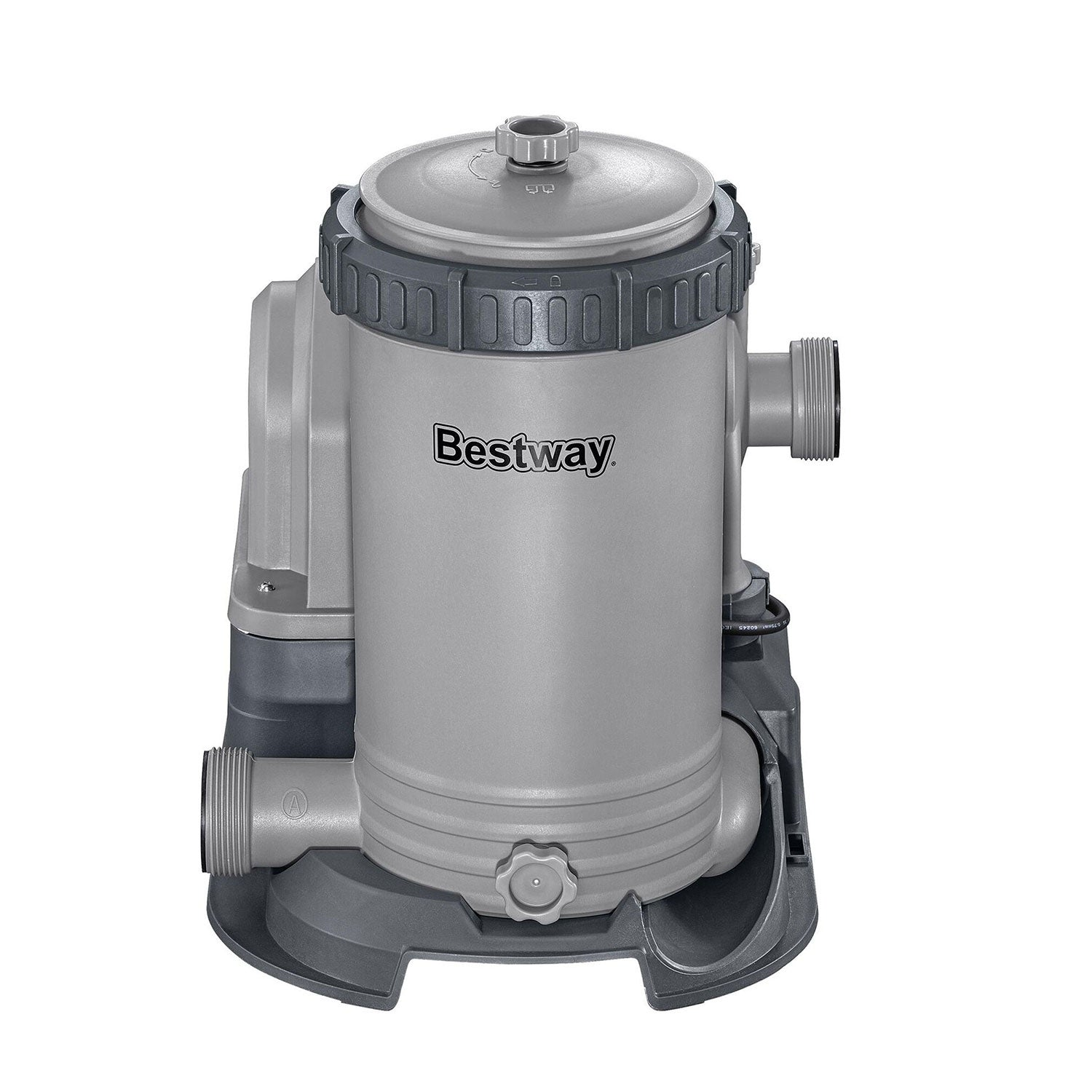 Un filtro de piscina Bestway gris. Tiene un cuerpo cilíndrico con tapa, múltiples entradas/salidas y está sobre una base gris oscura.