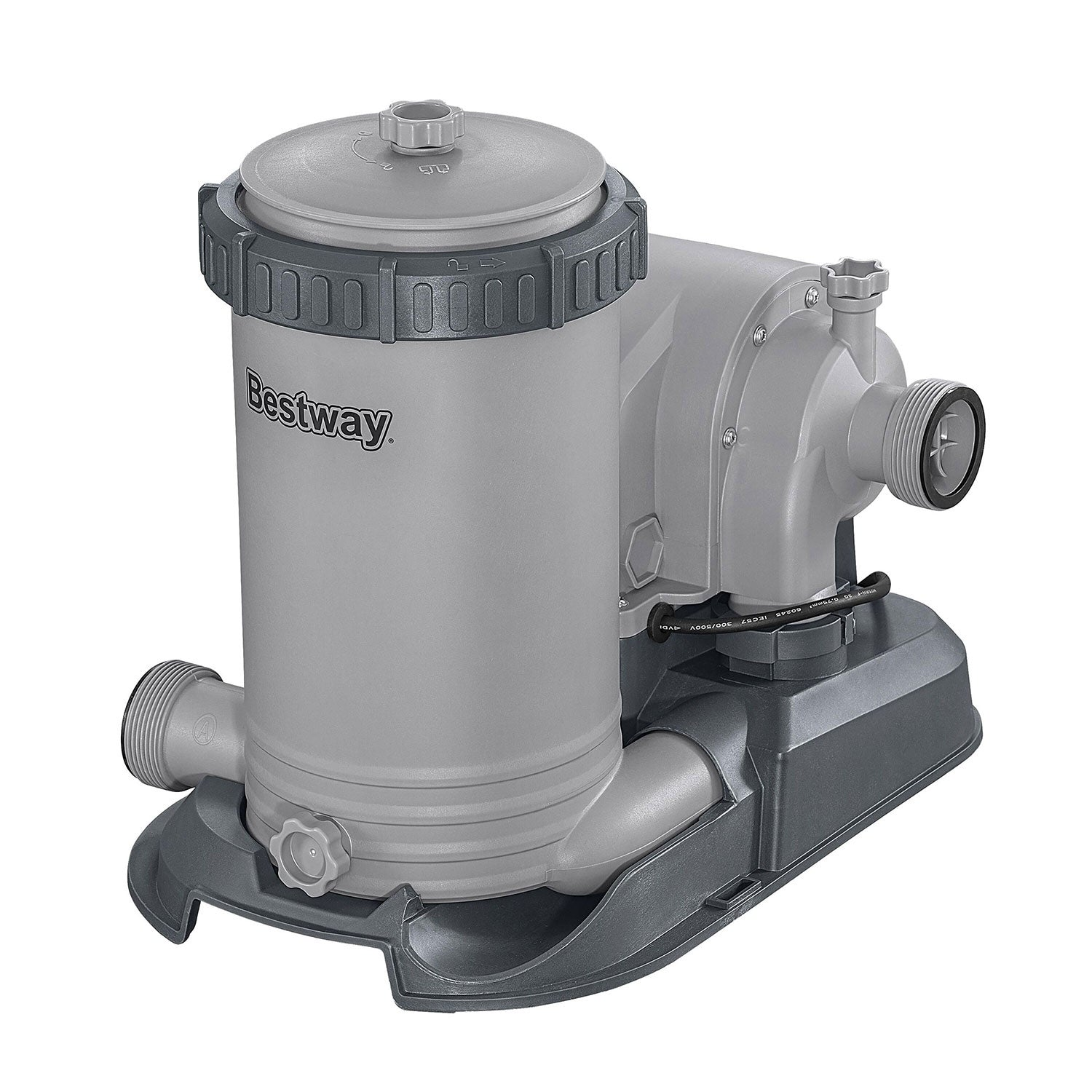 Una bomba de filtro de piscina Bestway gris. Tiene un cuerpo cilíndrico, una tapa superior y varios racores. La base también es gris.