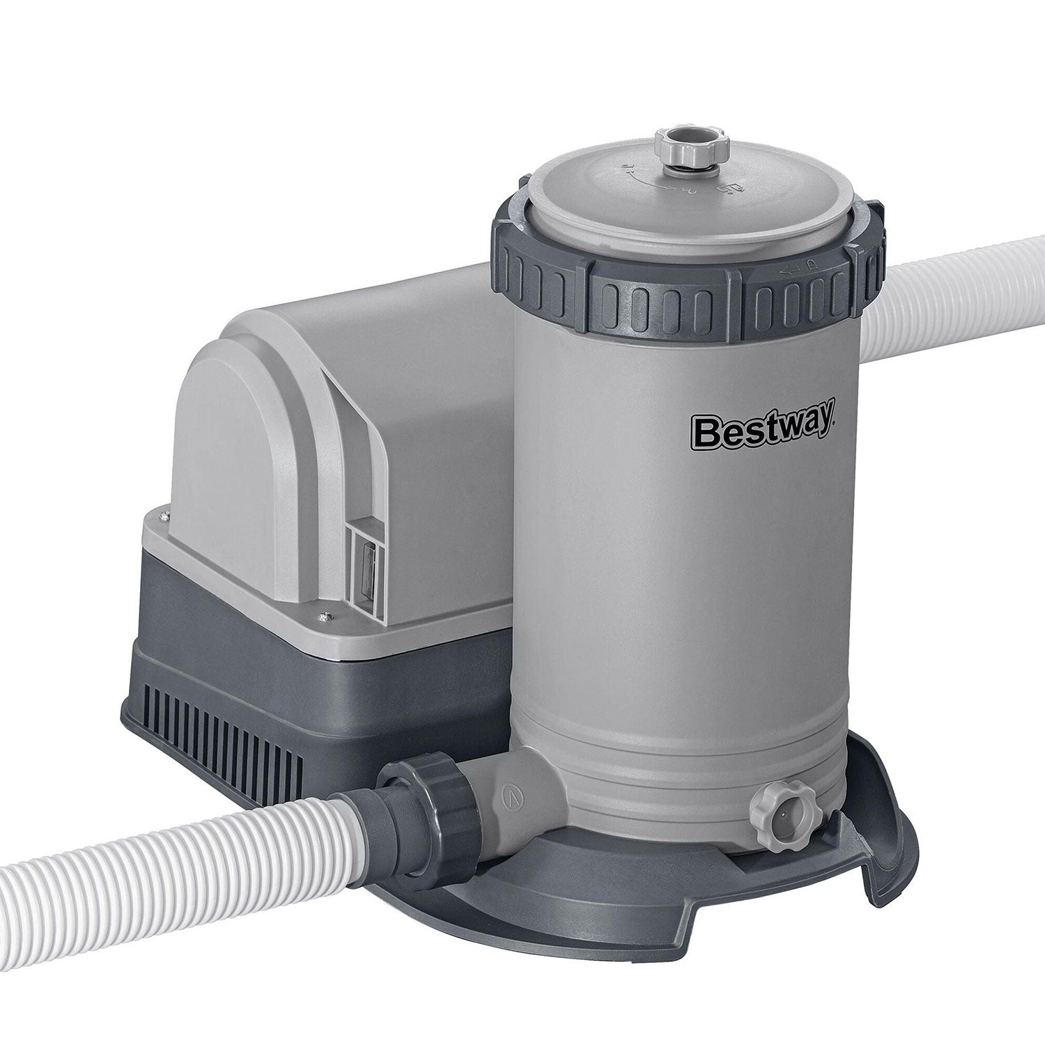 Un filtro de piscina gris Bestway. Tiene un cuerpo cilíndrico, una base gris oscuro y dos mangueras blancas.