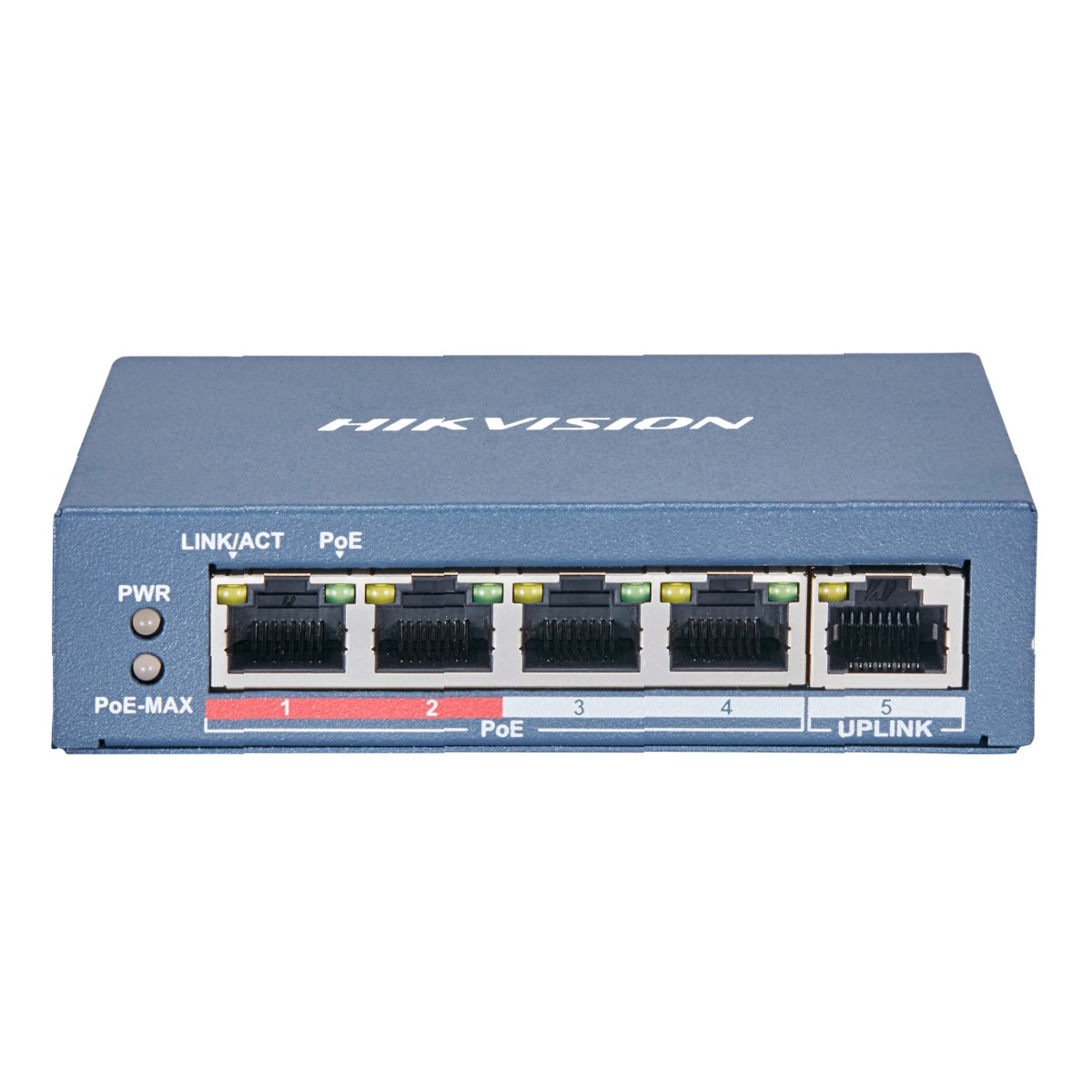 Uno switch PoE Hikvision blu. Ha più porte, indicatori di alimentazione e collegamento/attività ed etichette per le funzioni PoE e uplink.