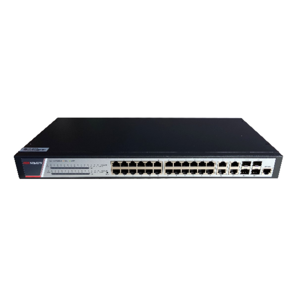 Uno switch di rete nero con più porte. Il frontale ha slot di connessione, un pannello argento e il logo Hikvision.