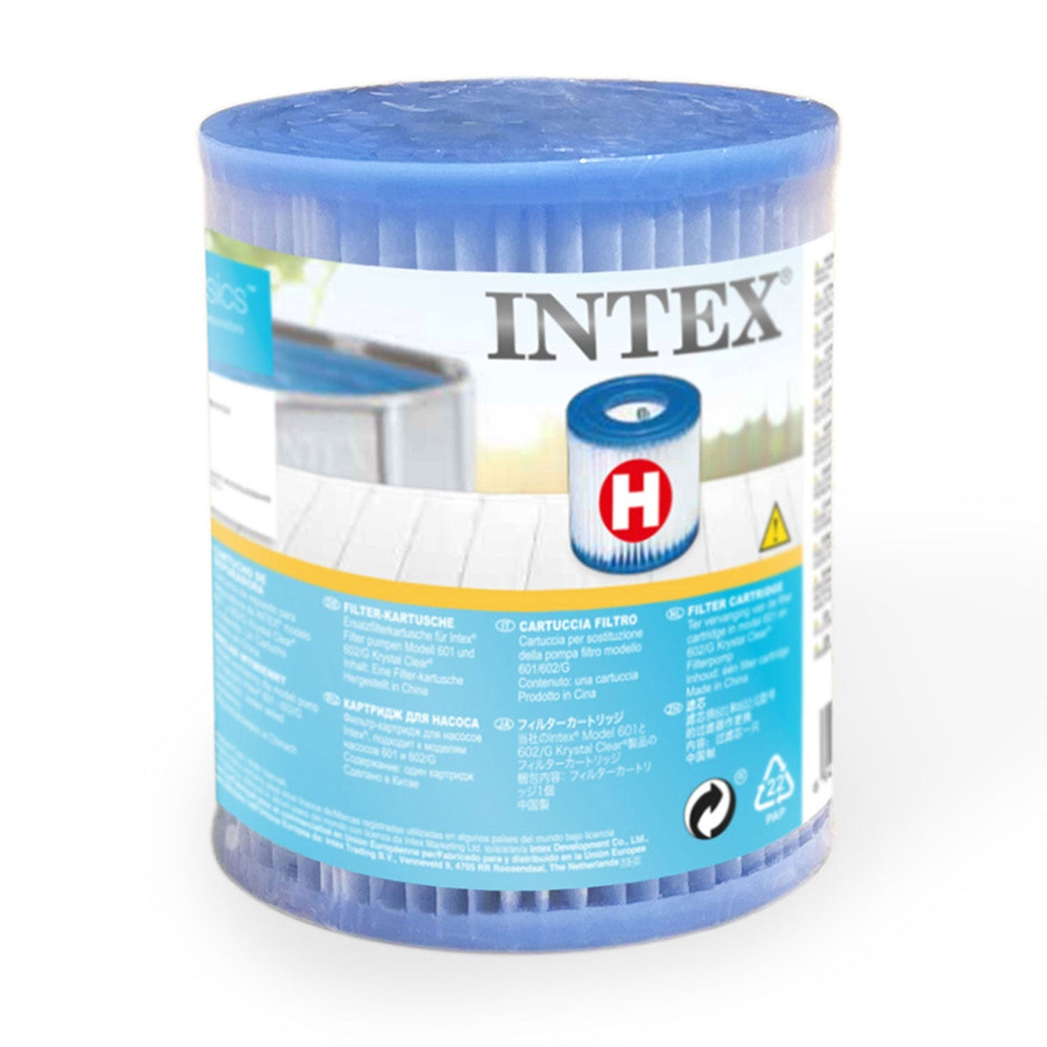 Contenedor de cartucho de filtro Intex azul. Etiqueta blanca con detalles del producto y el logotipo de Intex. Una tapa azul cubre el contenedor.