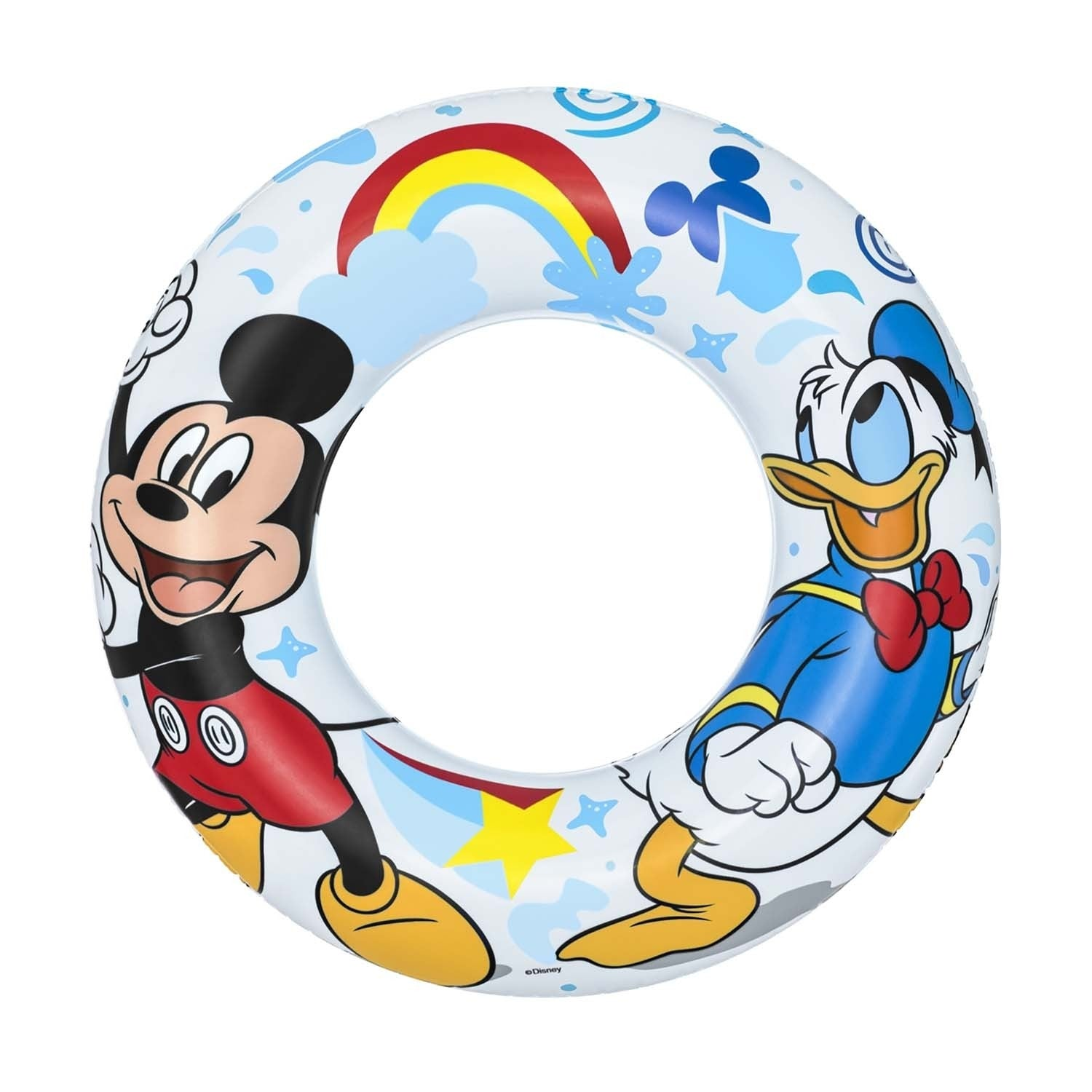 Anillo inflable con Mickey Mouse y el Pato Donald. Presenta un arcoíris, estrellas y gotas de agua sobre un fondo blanco.