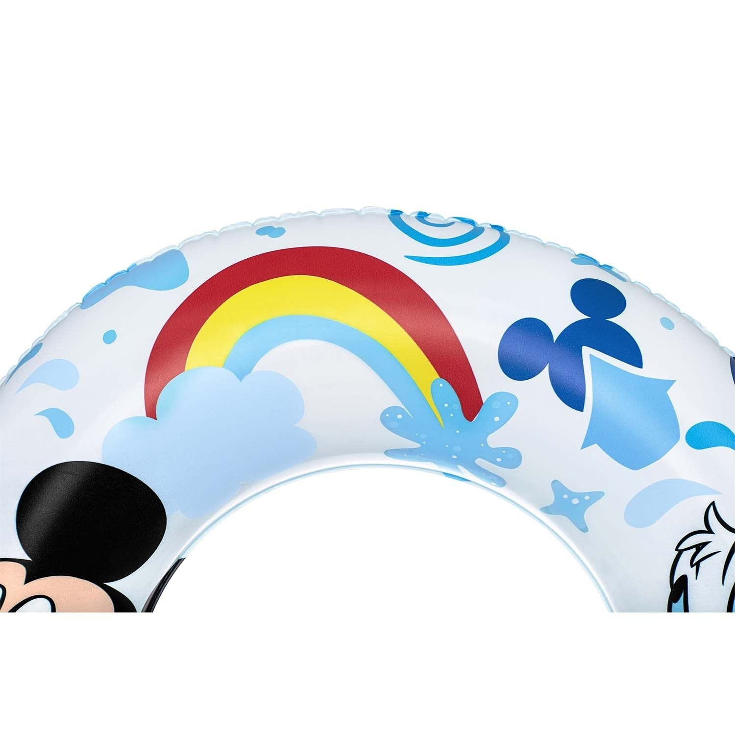Primer plano de un anillo inflable blanco con un arcoíris, nubes y personajes de dibujos animados. Los colores incluyen rojo, amarillo, azul y negro.