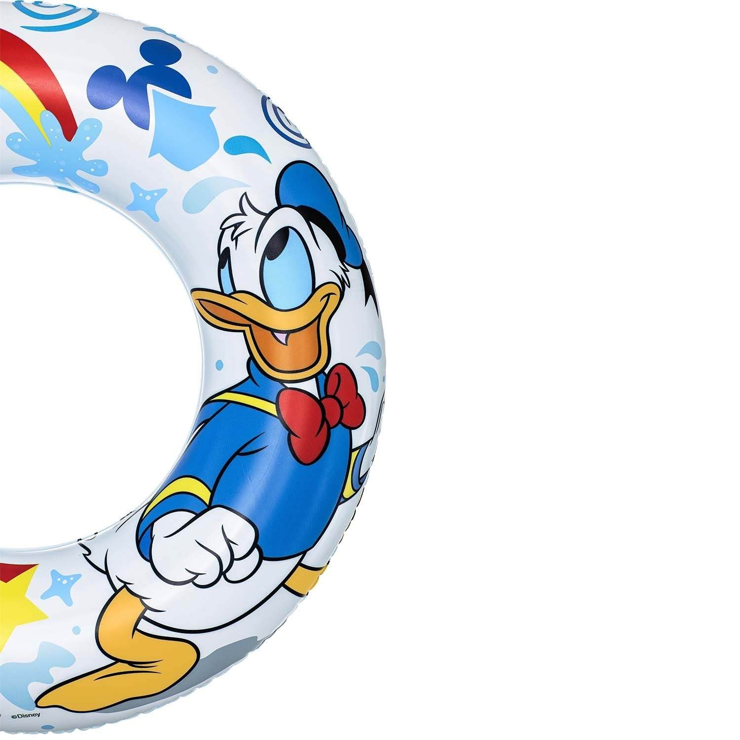Un flotador inflable con el Pato Donald. Es blanco con detalles azules, rojos y amarillos. Donald está en el centro.