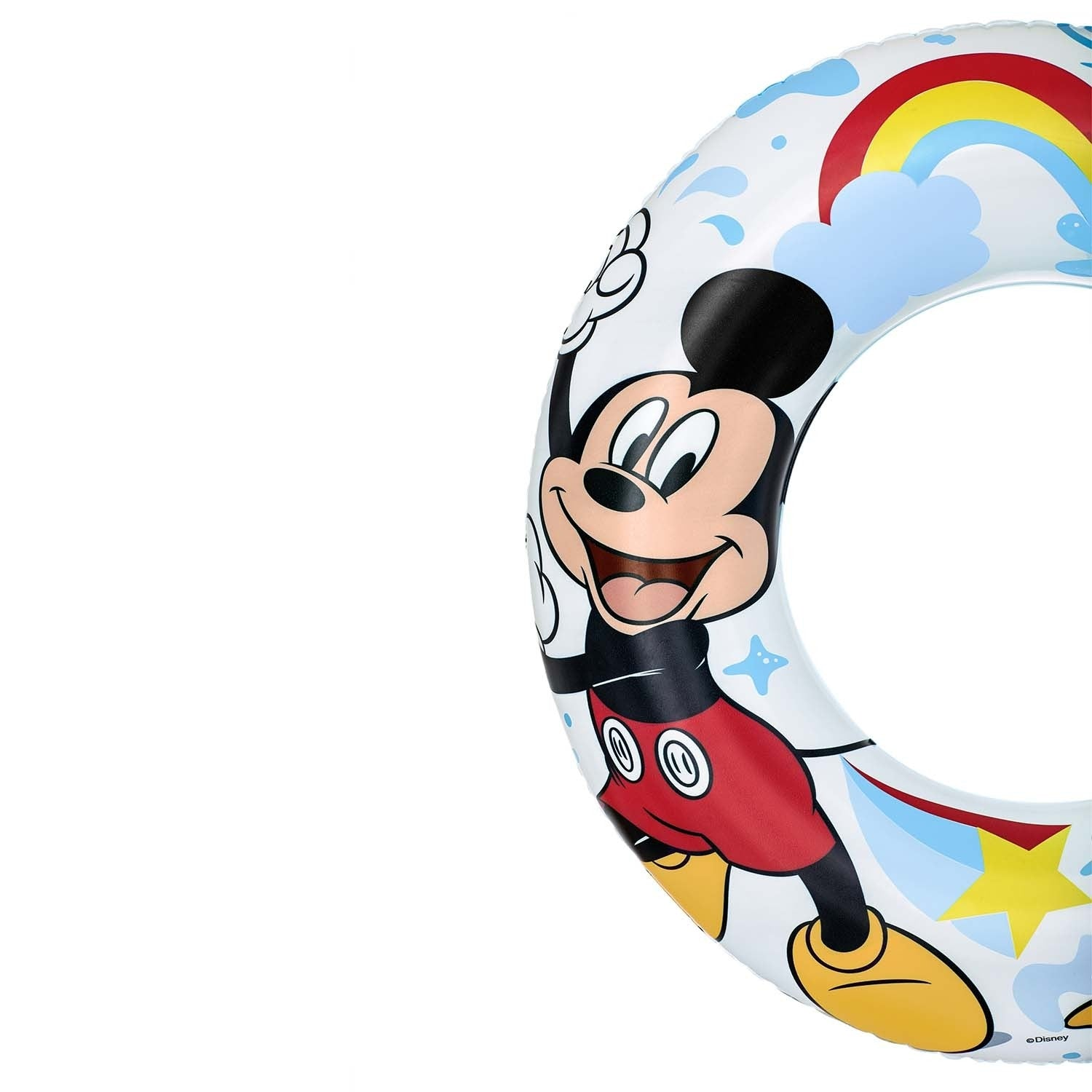 Un flotador inflable con Mickey Mouse, un arcoíris y una estrella. El flotador es blanco con gráficos de dibujos animados coloridos sobre fondo blanco.