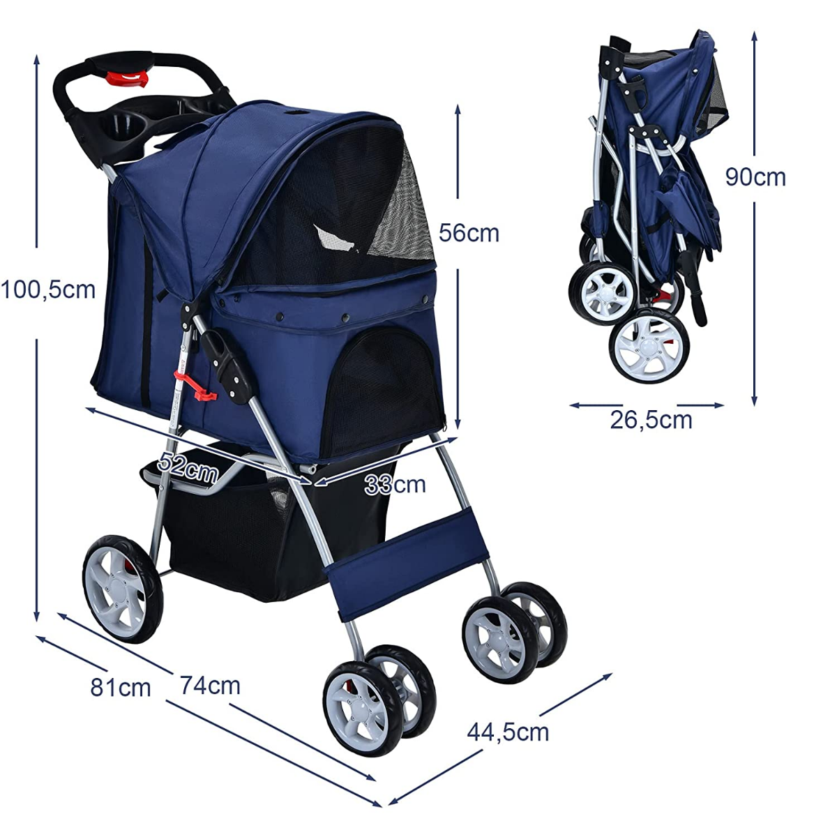 Cochecito azul para mascotas, dimensiones etiquetadas. Ventanas de malla, almacenamiento y varias ruedas. Plegado y desplegado.