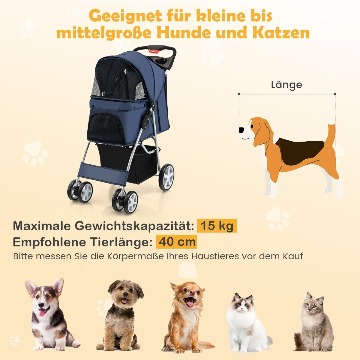 Un cochecito azul para mascotas. Ilustración de perro muestra la longitud. Texto indica peso máximo 15 kg y longitud recomendada 40 cm. Perros y gatos pequeños.