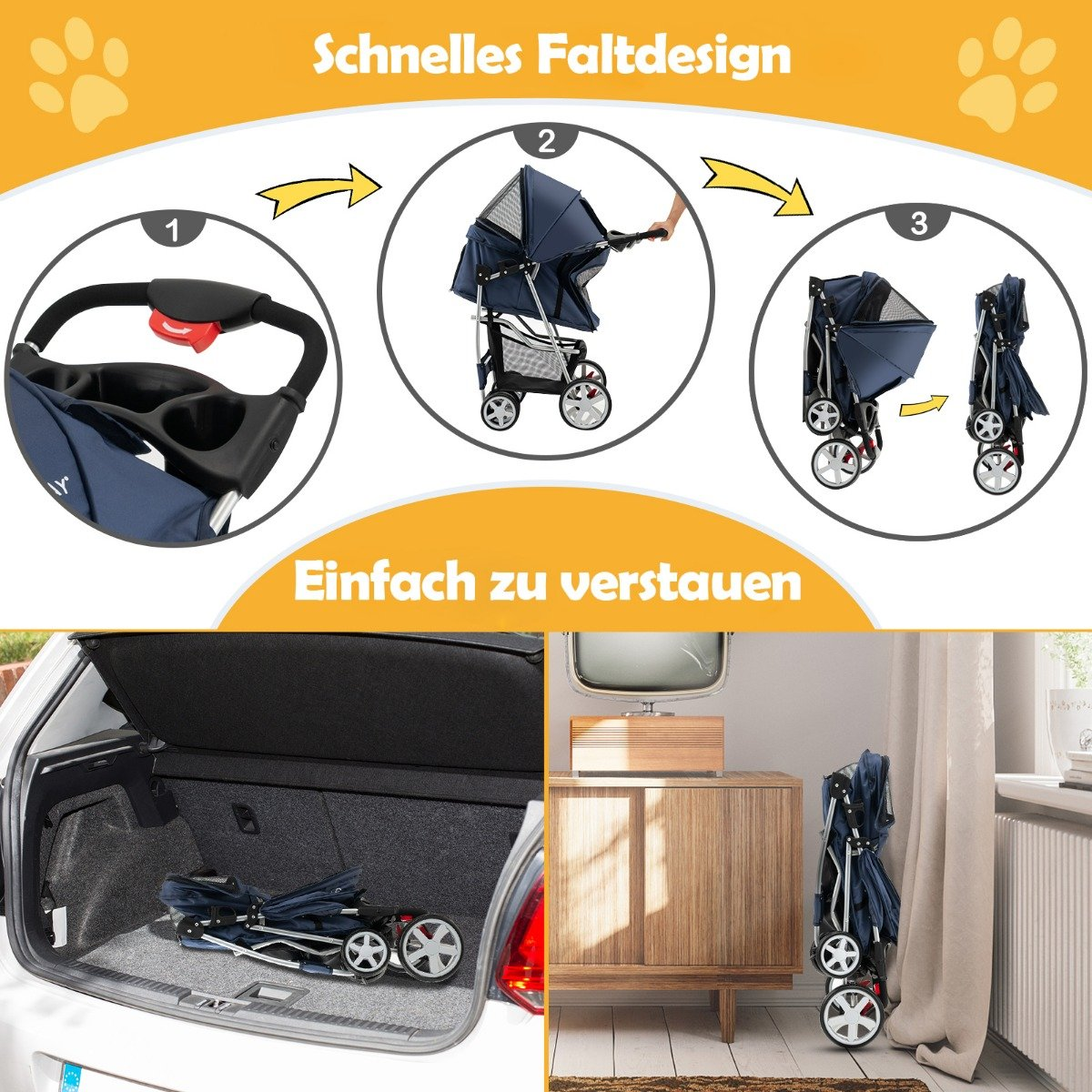 Un cochecito azul para mascotas se muestra en diferentes etapas de plegado y almacenamiento. Se muestra en un maletero de coche y junto a un armario.