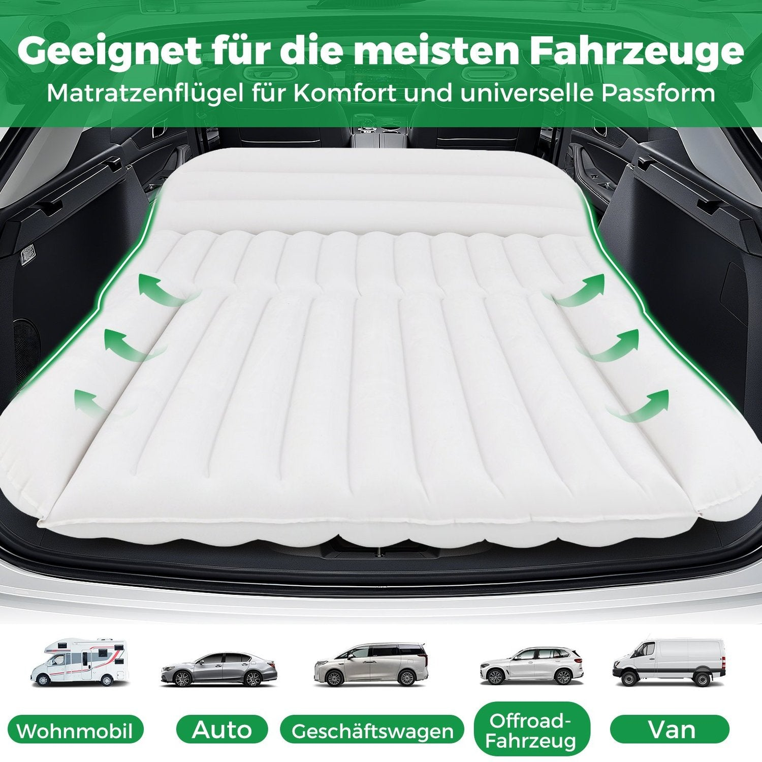 Un colchón inflable blanco cabe en el maletero de un coche. Debajo hay ilustraciones de diferentes tipos de vehículos: Wohnmobil, Auto, Geschäftswagen, Offroad-Fahrzeug, Van.