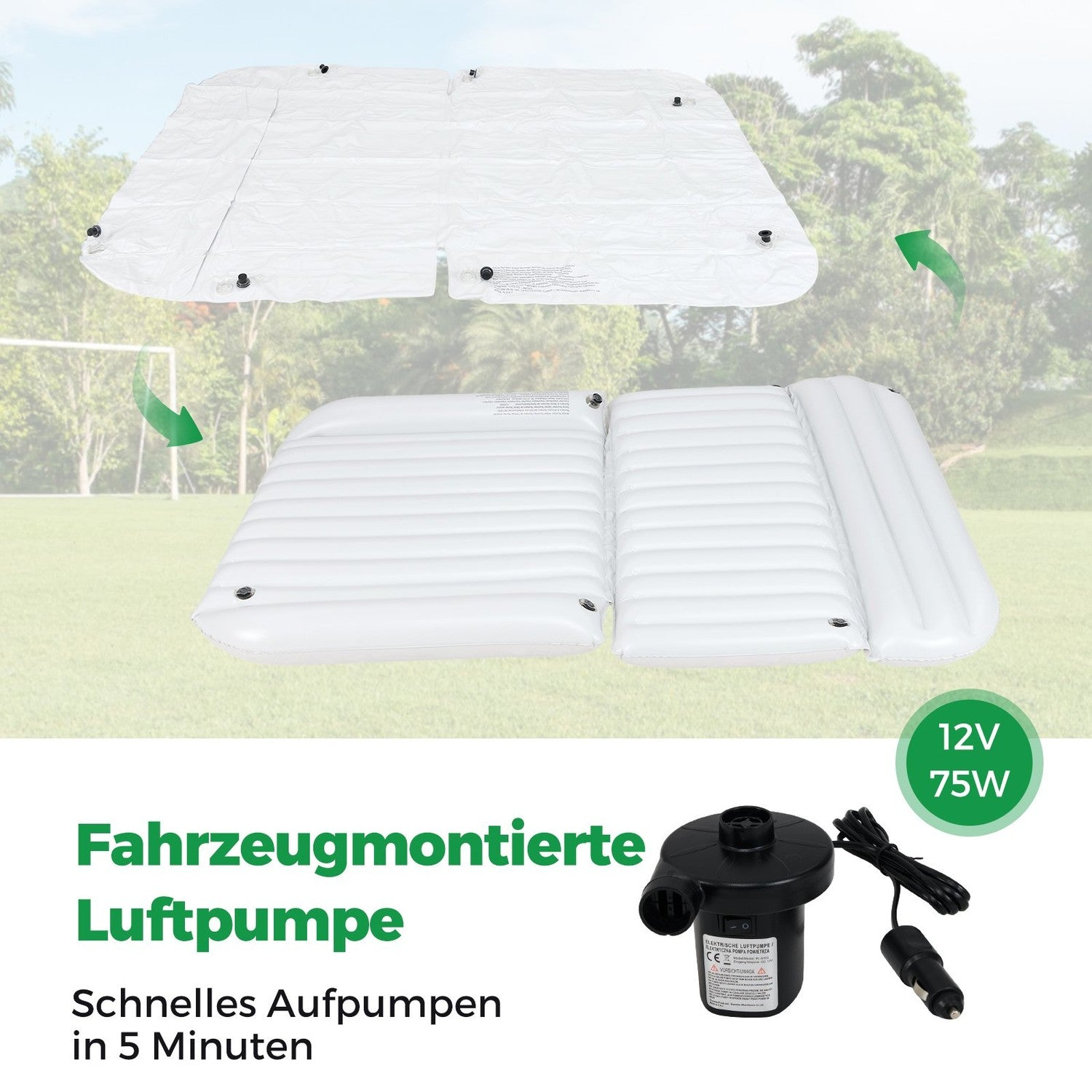 Partes de colchón inflable blanco y una bomba de aire negra con adaptador para automóvil. El fondo es césped verde y árboles.