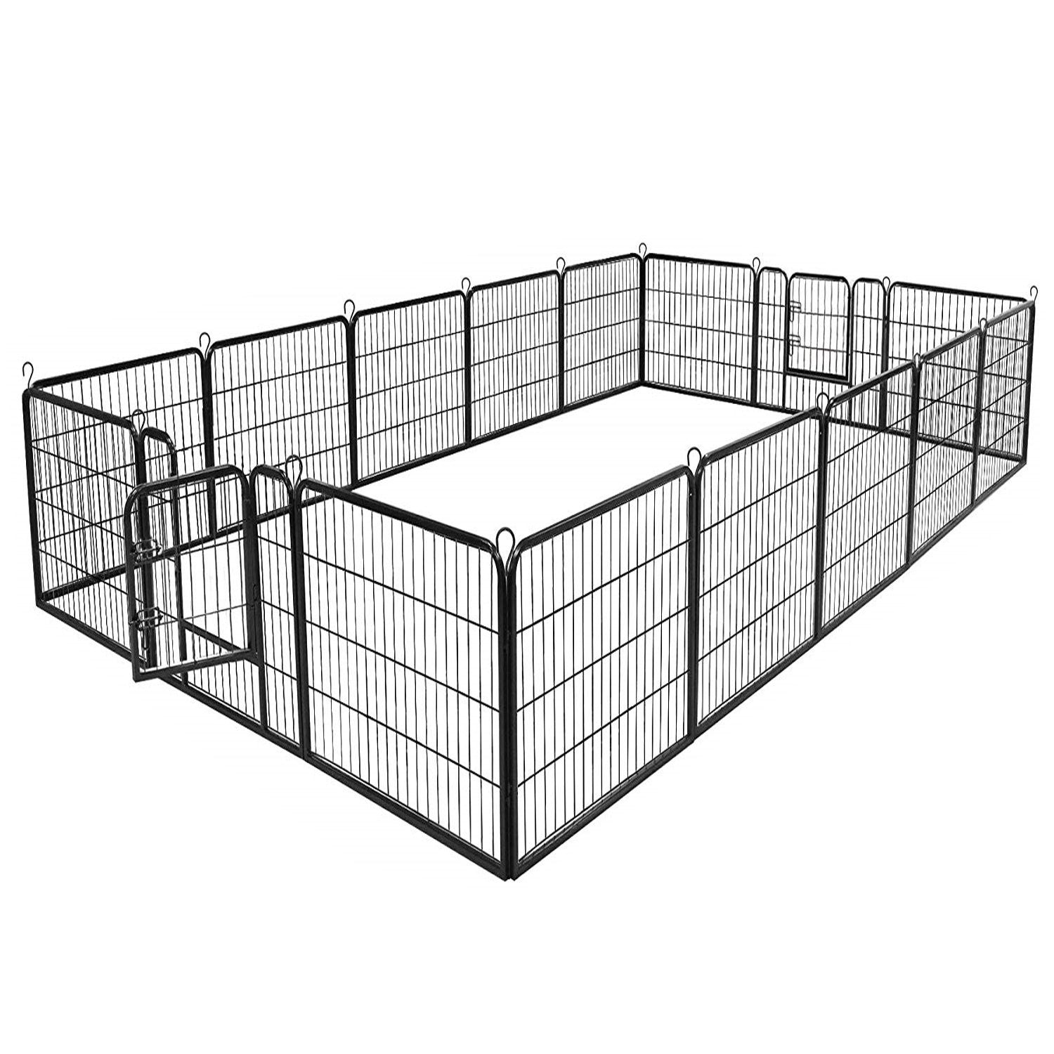 Un parque metálico negro. Tiene forma rectangular con una puerta. El parque está sobre un fondo blanco.