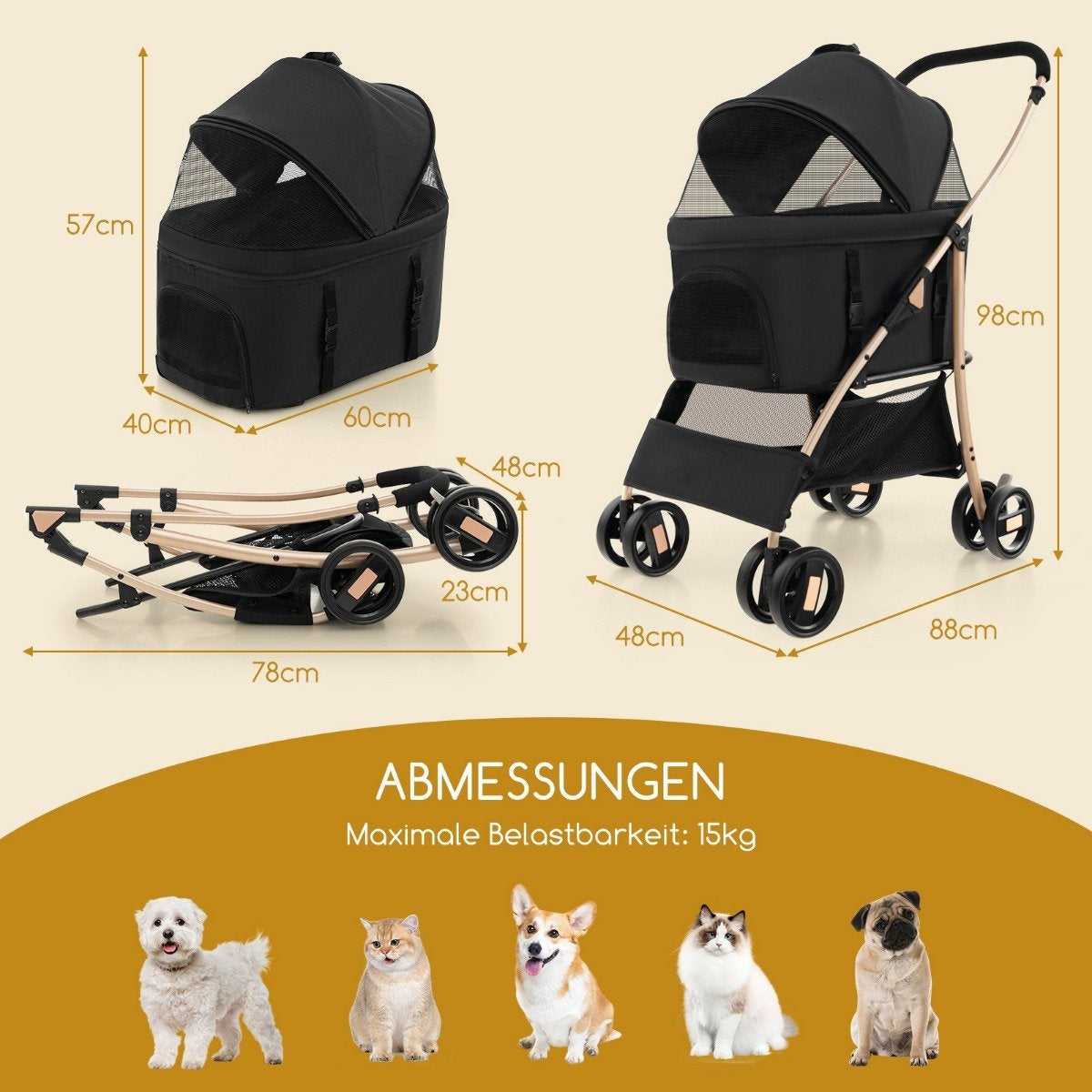 Un cochecito para mascotas y uno plegado con dimensiones. Abajo: perros y gatos. Texto: ABMESSUNGEN, carga máx.: 15 kg.