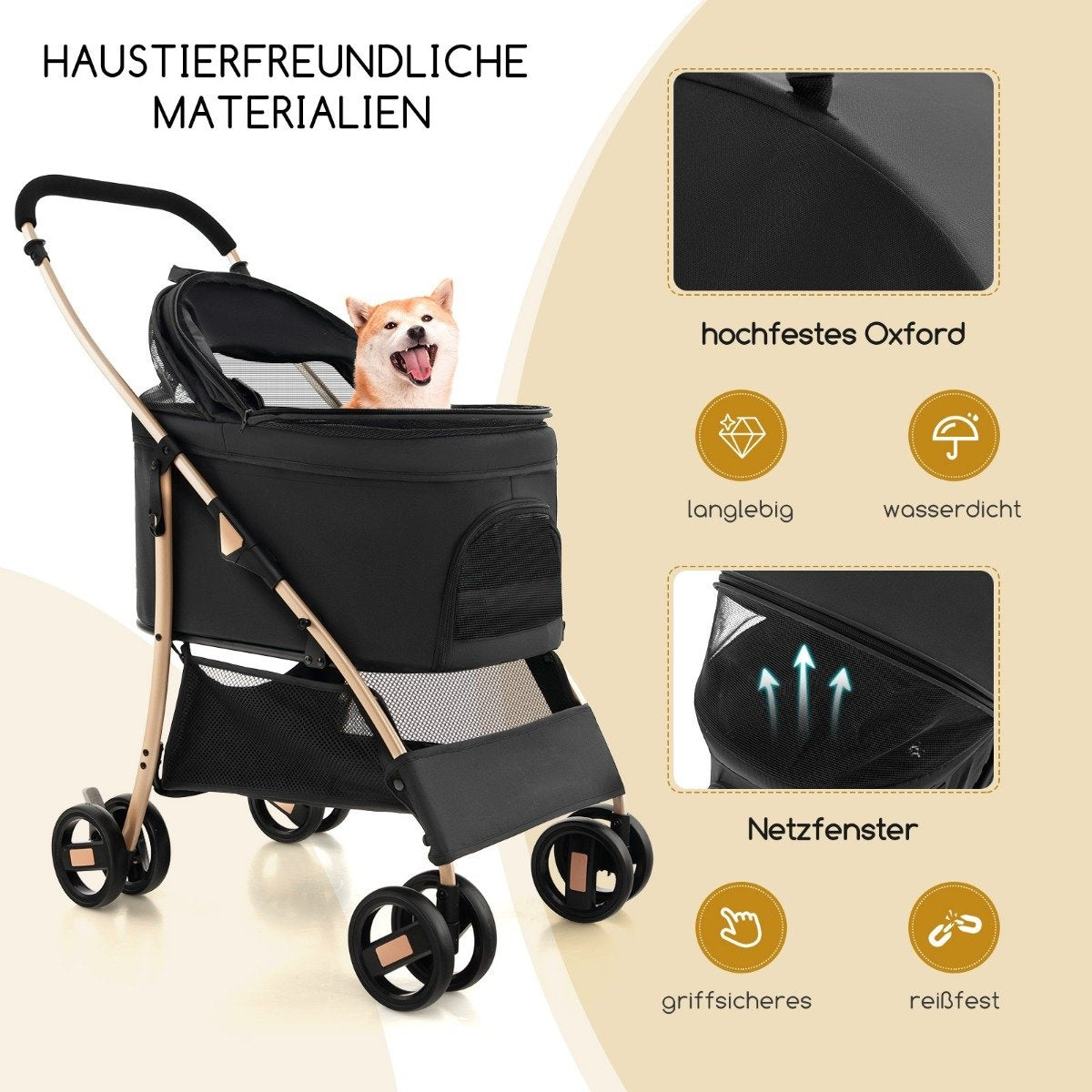 Un perro en un cochecito negro para mascotas. Incluye tela Oxford resistente, materiales impermeables, duraderos y resistentes al desgarro.
