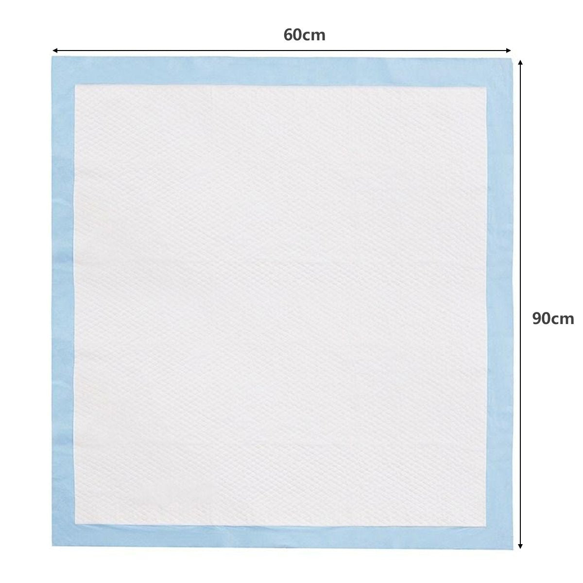 Una almohadilla absorbente blanca con un borde azul claro. Mide 60 cm de ancho y 90 cm de largo.