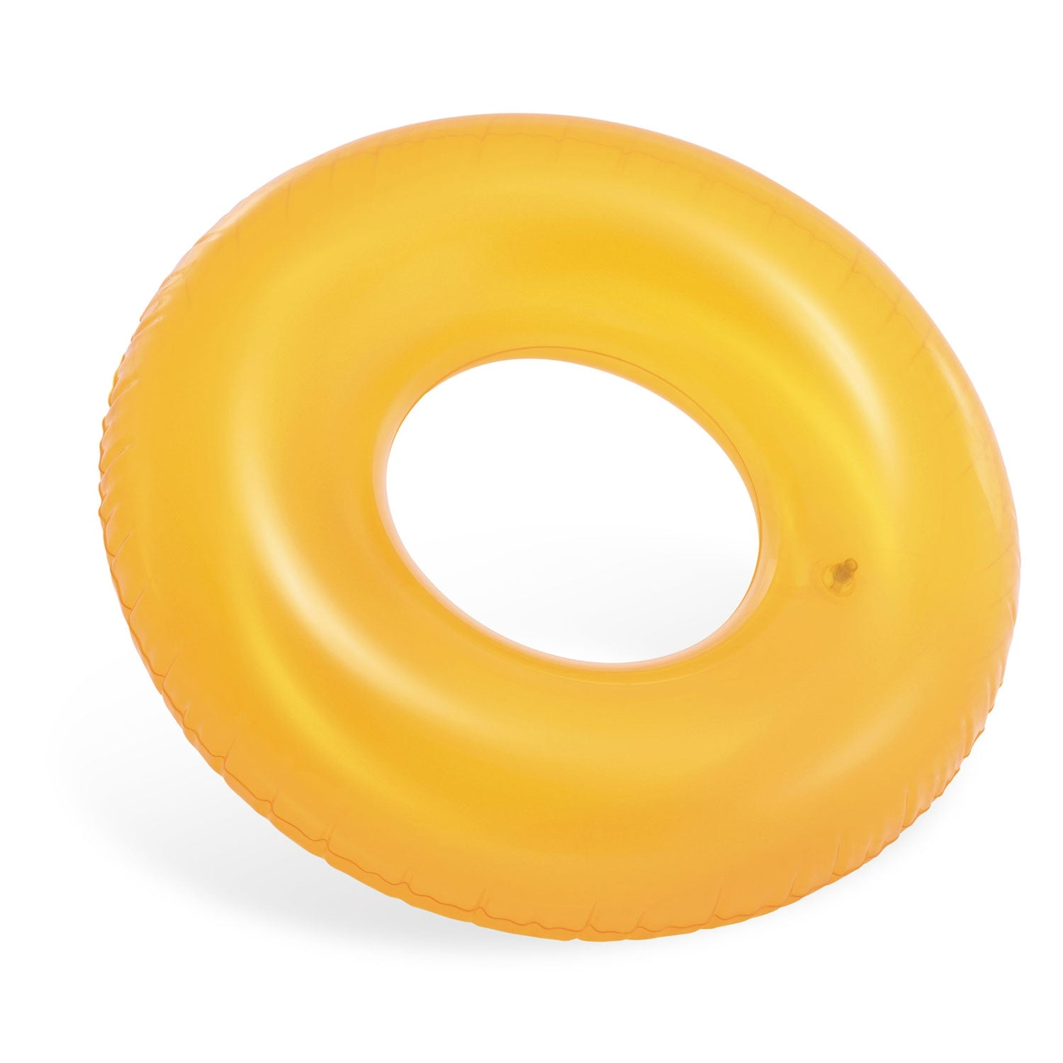 Un flotador de piscina inflable amarillo. Es redondo con un agujero grande en el centro. El fondo es blanco.