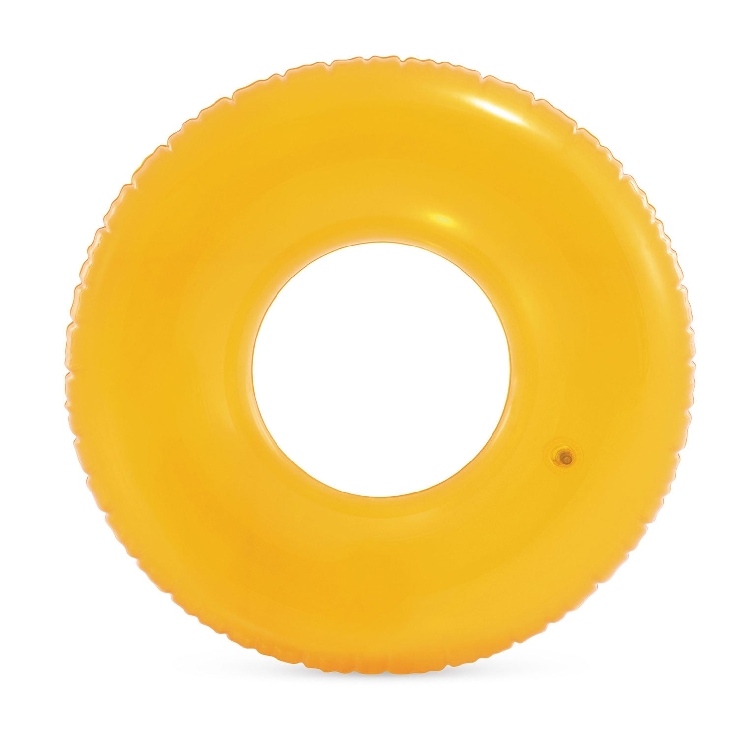 Un anillo inflable amarillo, con un agujero en el medio, sobre un fondo blanco.