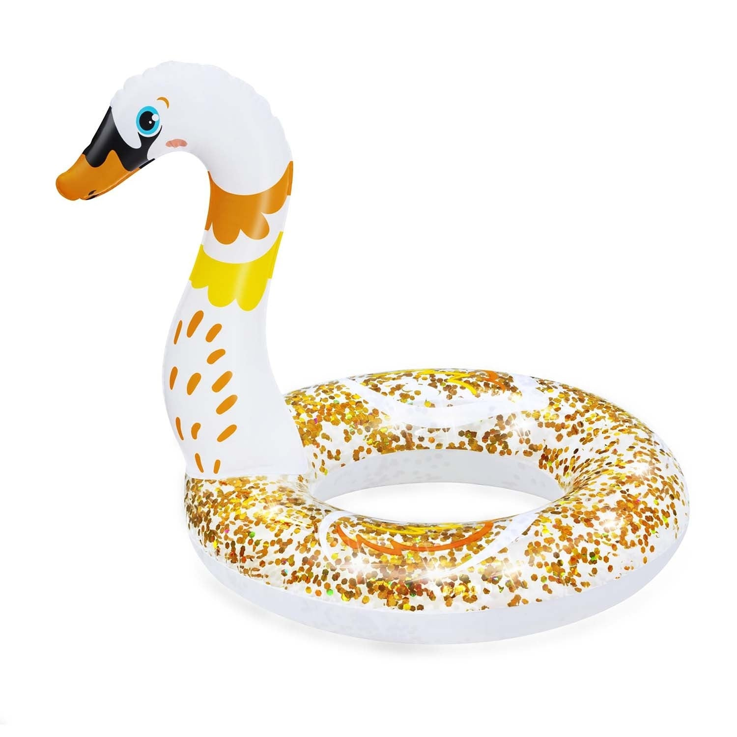 Un flotador inflable de cisne para piscina. Tiene un cuerpo blanco con brillantina dorada, pico naranja y negro y ojos azules.