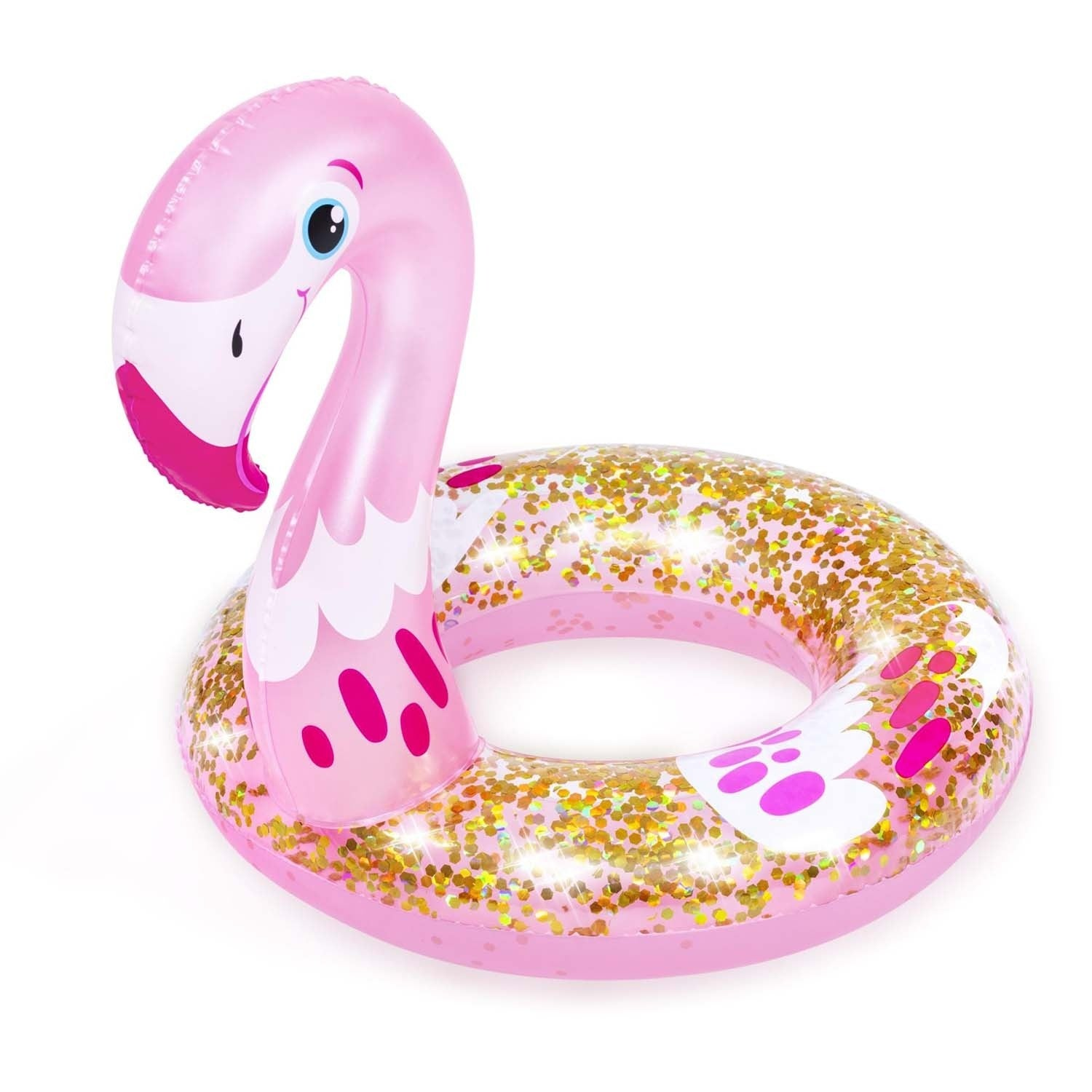 Un flotador de piscina de flamenco rosa con purpurina dorada. Tiene un cuello largo, un pico blanco y rosa y está sobre un fondo blanco.