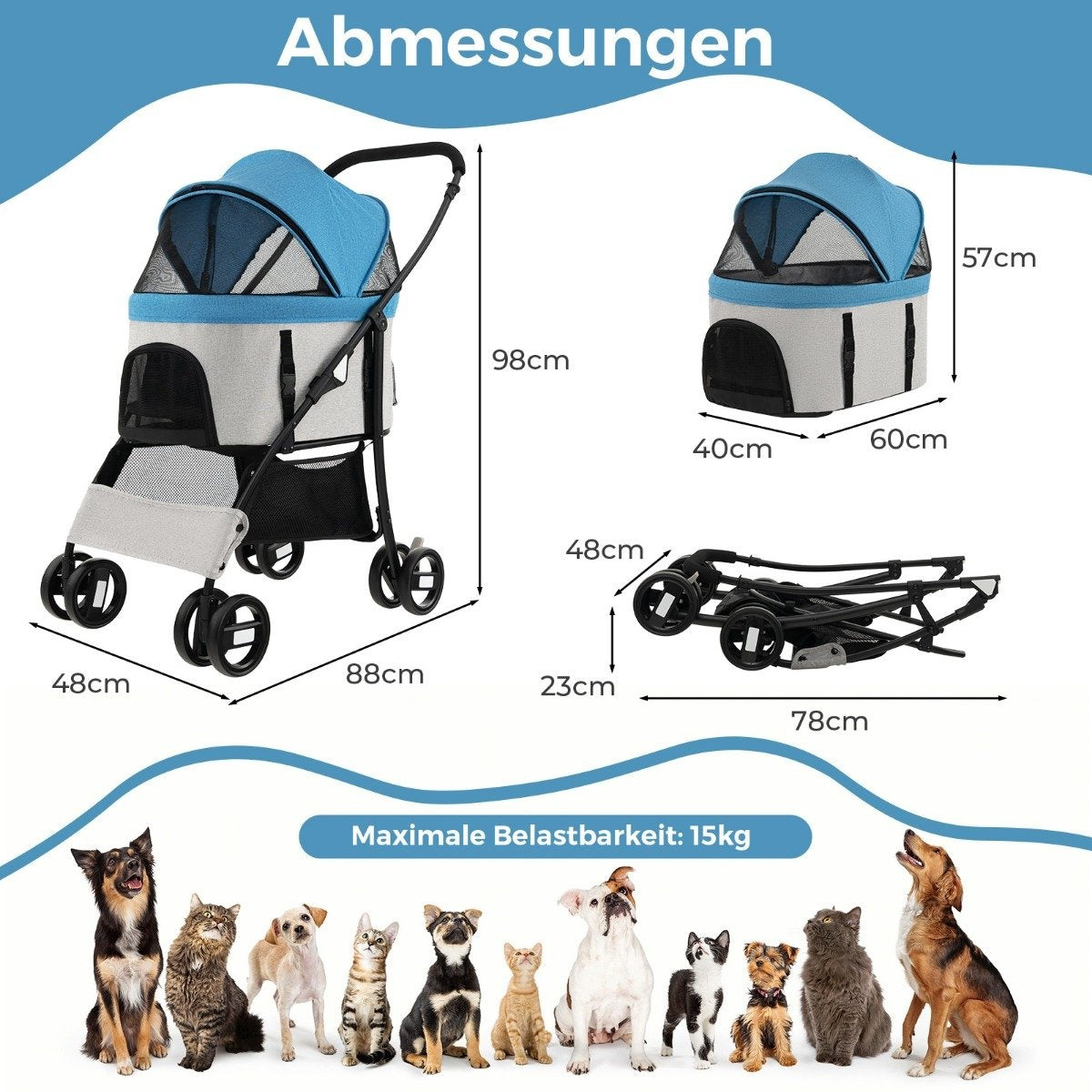 Un cochecito para mascotas con dimensiones, plegado y una tabla de varias mascotas. El texto incluye una carga máxima de 15 kg.