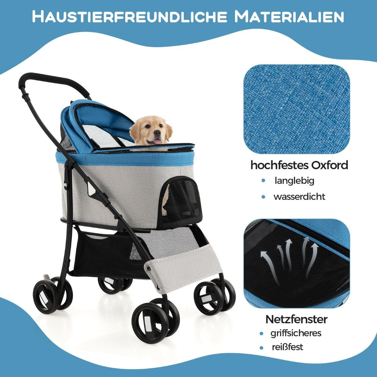 Un perro en un cochecito. El cochecito es azul y gris. Detalles muestran tela Oxford y ventana de red. Texto: materiales para mascotas.