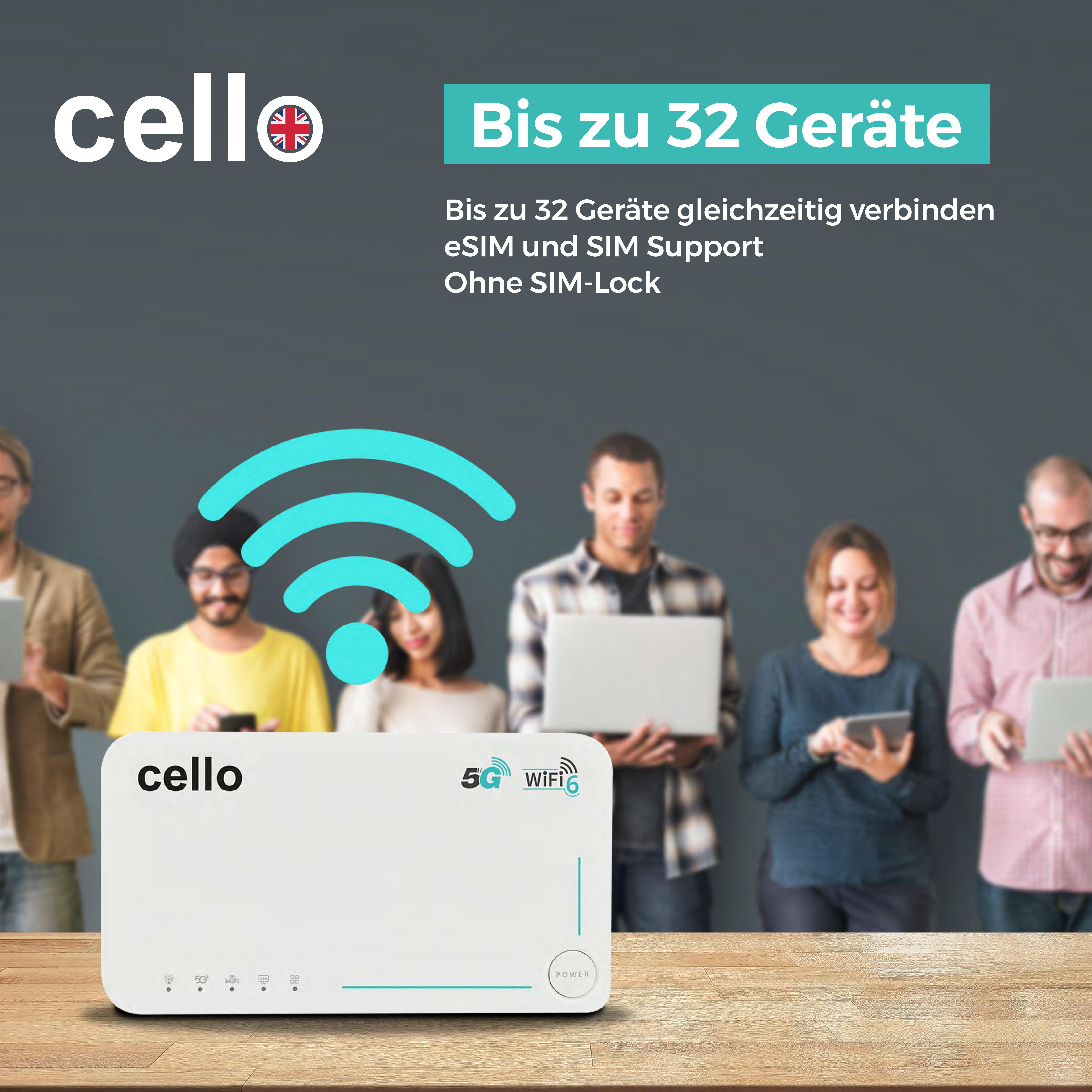 Ein weißer Router mit 5G- und WiFi6-Symbolen steht auf einem Holztisch. Personen mit Geräten stehen im Hintergrund.