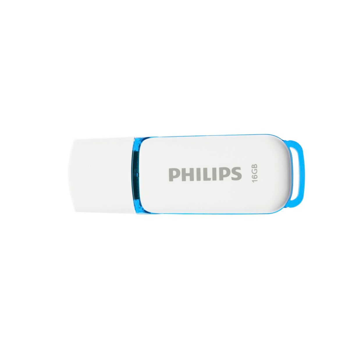 Chiavetta USB Philips bianca da 16 GB con bordatura e anello blu. Il nome del marchio e la capacità sono visibili.