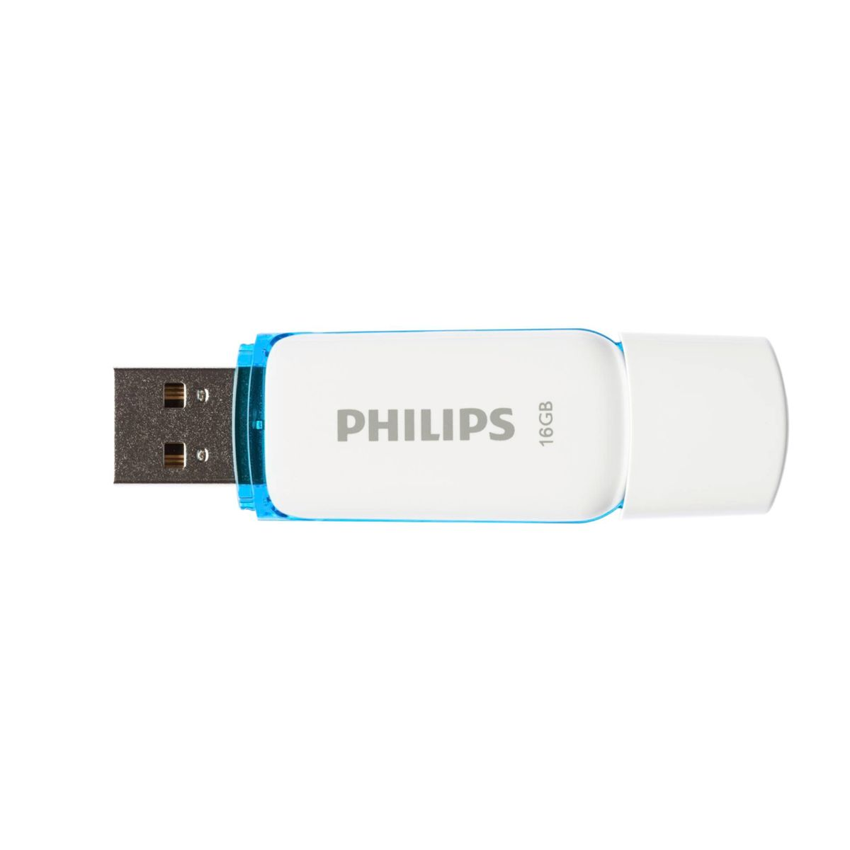 Una chiavetta USB Philips bianca con un accento blu. Ha un connettore USB in metallo e un corpo bianco con il logo Philips.