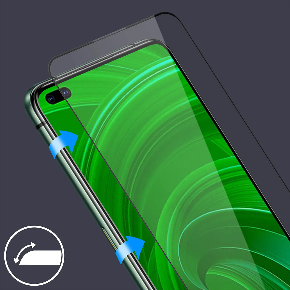 Un telefono con una protezione per lo schermo applicata. Lo schermo mostra un motivo verde. Frecce blu indicano la direzione.