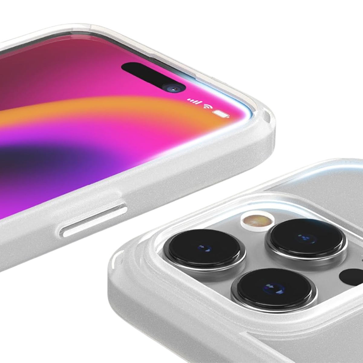 Primo piano di uno smartphone in una custodia bianca. Lo schermo mostra una sfumatura colorata. Sono visibili tre lenti della fotocamera.