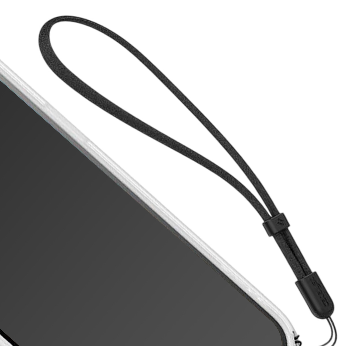 Primo piano di una custodia per telefono con un cordino nero. Lo schermo è scuro. Lo sfondo è bianco.
