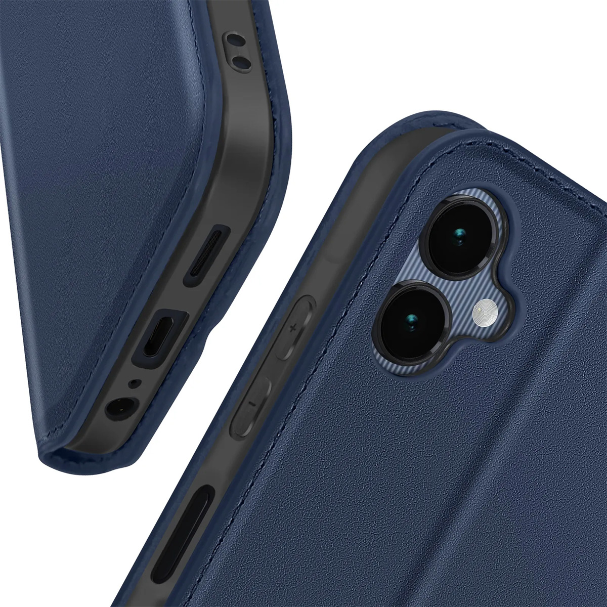 Primo piano di una custodia blu per telefono con fotocamera, pulsanti e porte visibili. La custodia ha una superficie strutturata e bordi neri.