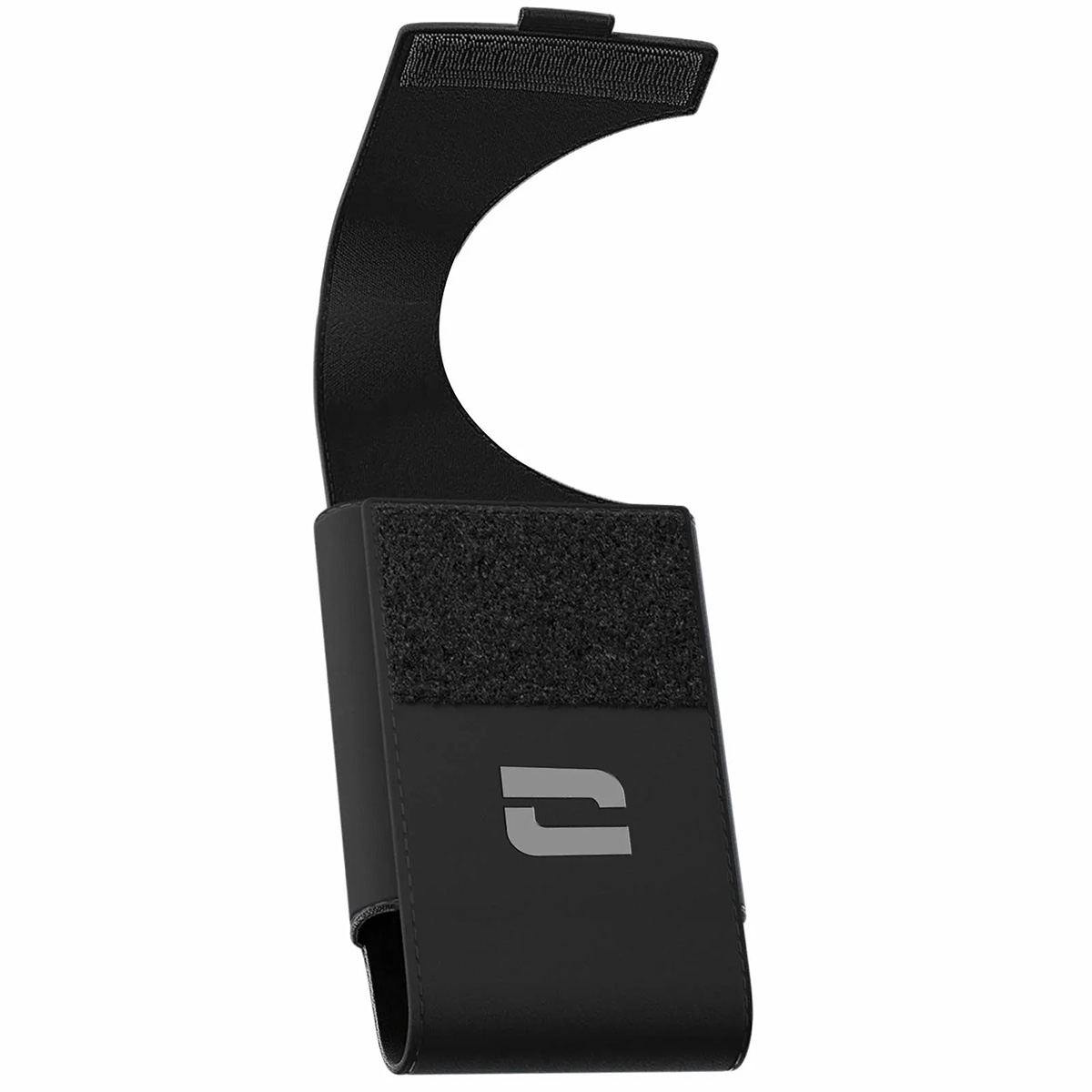 Un astuccio in pelle nera con passante e chiusura in velcro. Ha un logo grigio e una sezione superiore strutturata. Lo sfondo è bianco.