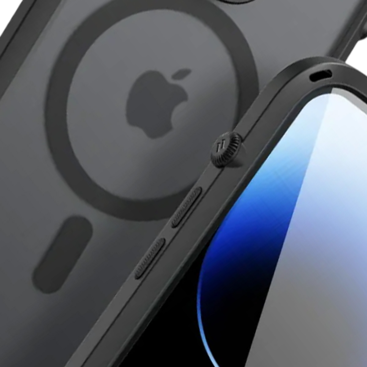 Un primo piano di una custodia nera per telefono con logo Apple. La custodia copre parzialmente un telefono con schermo blu. Pulsanti visibili.