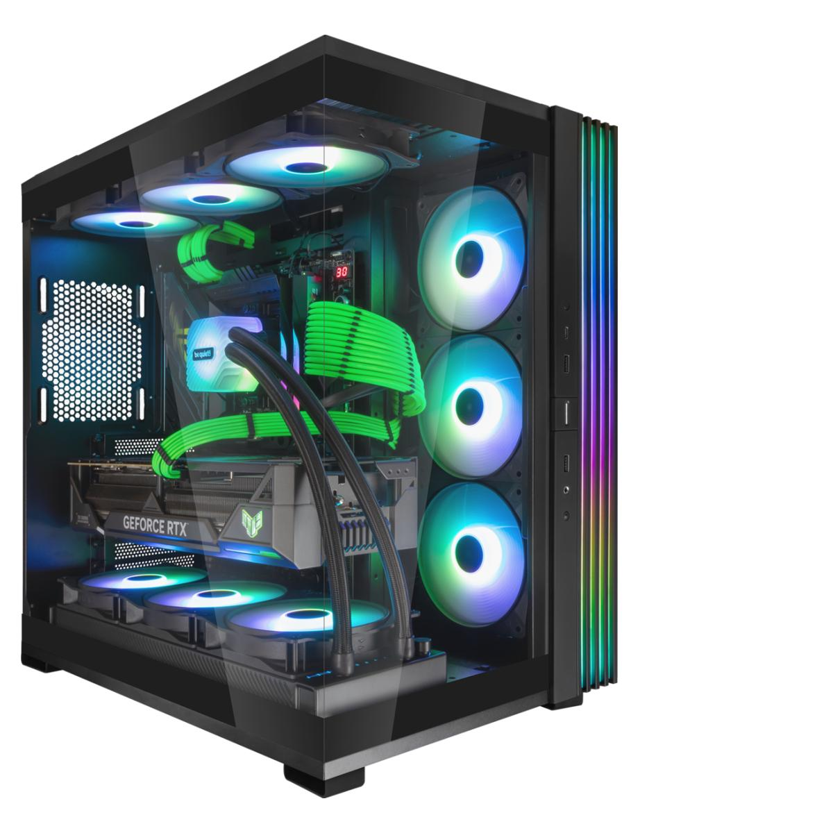 Ein moderner PC-Gehäuse mit bunten Lichtern. Grüne Kabel und Lüfter sind sichtbar. Das Gehäuse hat eine Glasseitenwand.