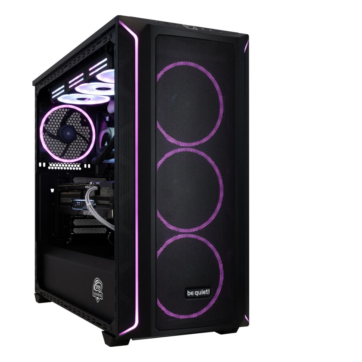 Ein schwarzes Computergehäuse mit rosa Akzenten und drei kreisförmigen Lichtern. Auf der Vorderseite steht 'be quiet!'.