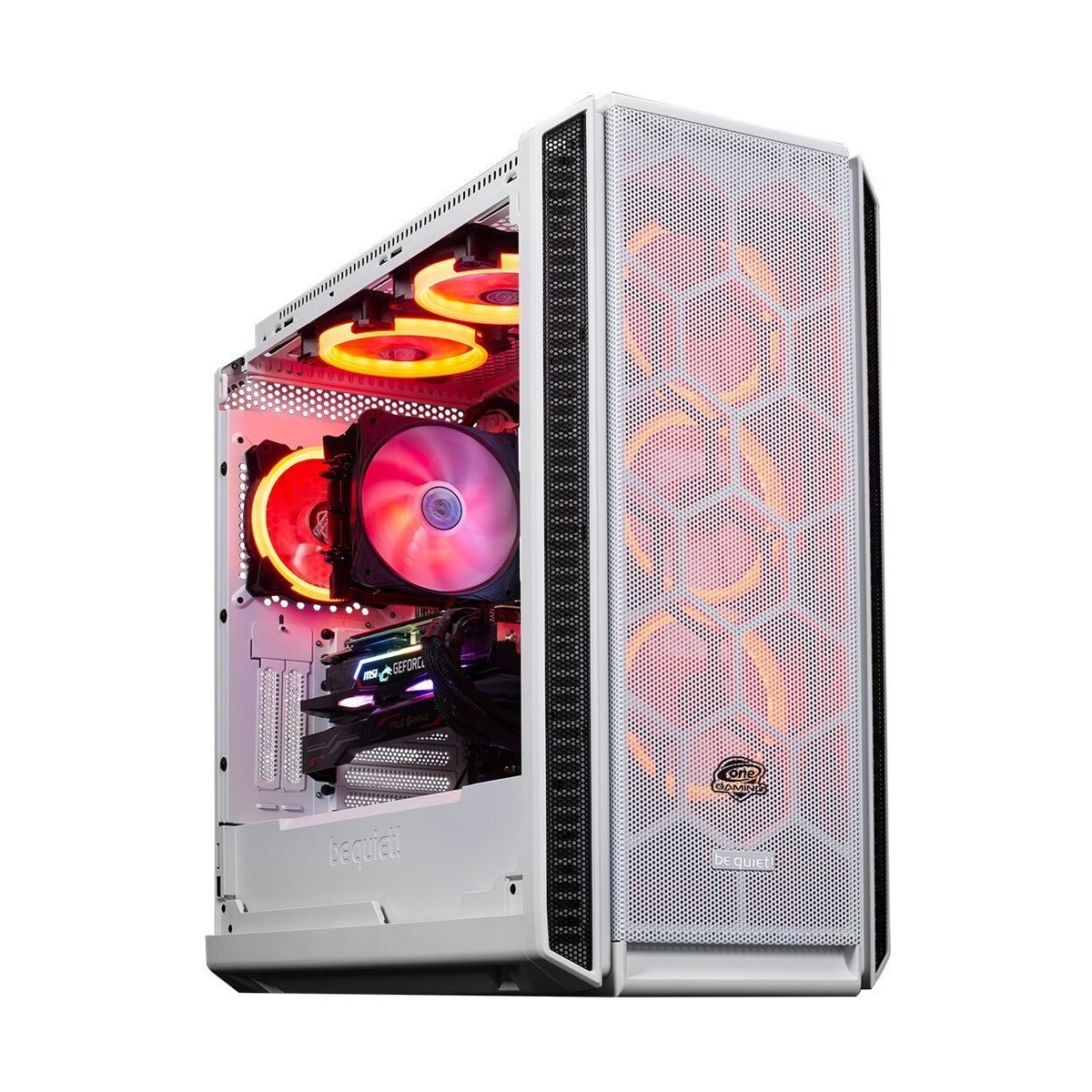 Ein weißes PC-Gehäuse mit leuchtend roten und orangen Innenlichtern. Die Front hat ein Wabenmuster. Lüfter und Komponenten sind sichtbar.