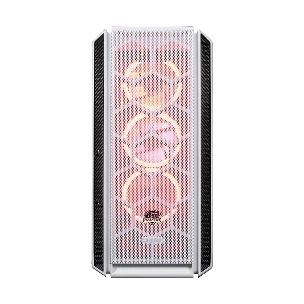 Ein weißes Computergehäuse mit Mesh-Front. Das Gehäuse hat Wabenmuster und orange leuchtende Lüfter.
