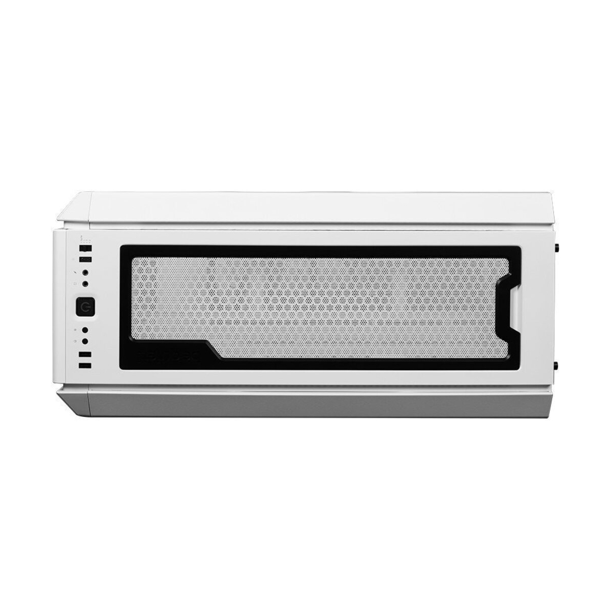 Weißes Computergehäuse mit perforierter Frontplatte und Power-Taste. Das Gehäuse hat eine rechteckige Form und ein sauberes Design.