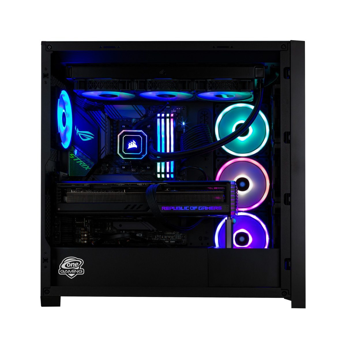 Ein Computergehäuse mit leuchtenden blauen und violetten Lichtern. Zu den Komponenten gehören Lüfter, eine Grafikkarte und ein Motherboard.