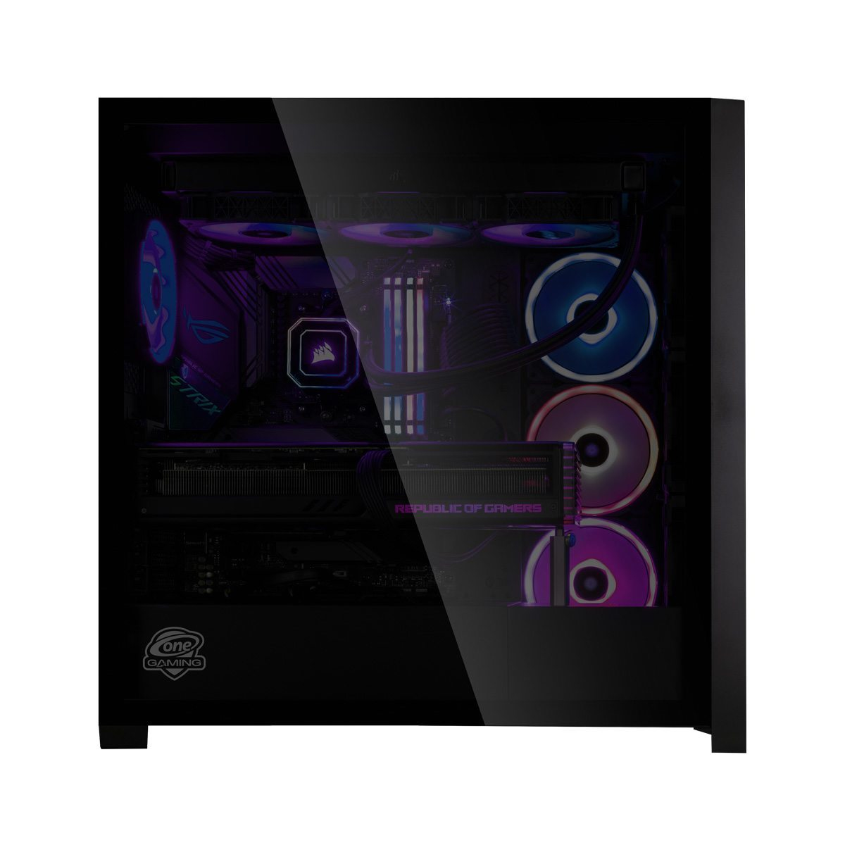 Ein Computergehäuse mit Komponenten im Inneren wird gezeigt. Das Gehäuse ist schwarz mit RGB-Beleuchtung und hat eine Glasscheibe.