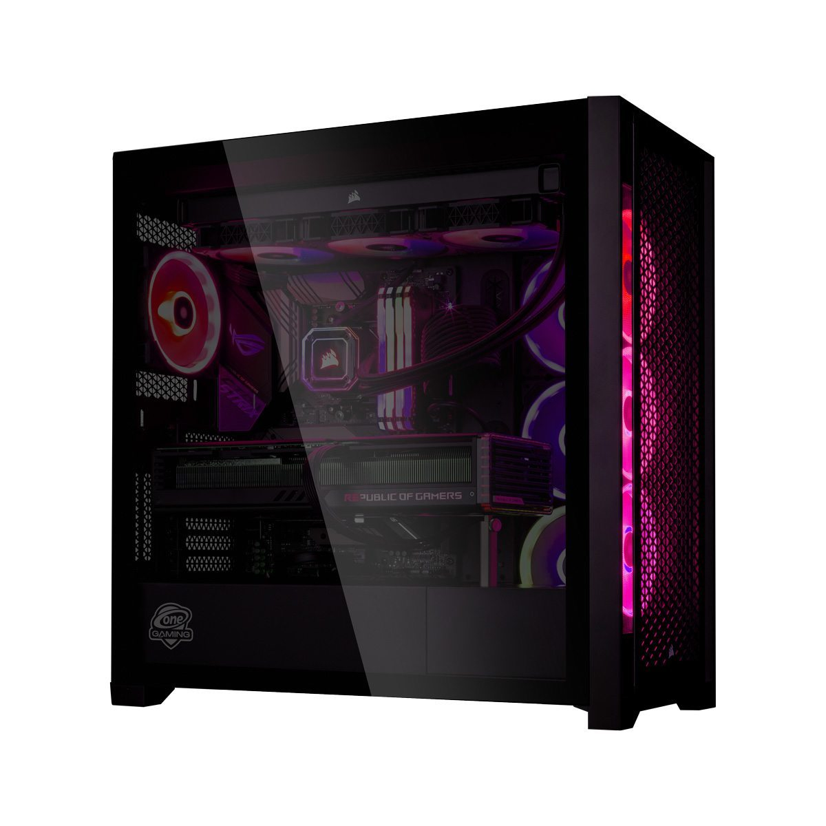 Schwarzes Computergehäuse mit Glasfront. Im Inneren leuchten Komponenten mit rosa und lila Lichtern. 'Republic of Gamers' ist sichtbar.