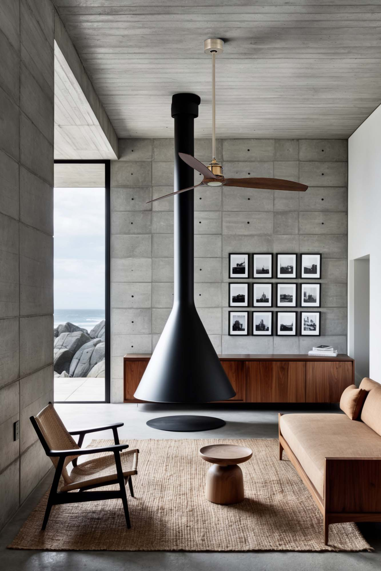 Ein modernes Wohnzimmer mit schwarzem Kamin, Holzmöbeln und Blick auf das Meer durch ein großes Fenster.