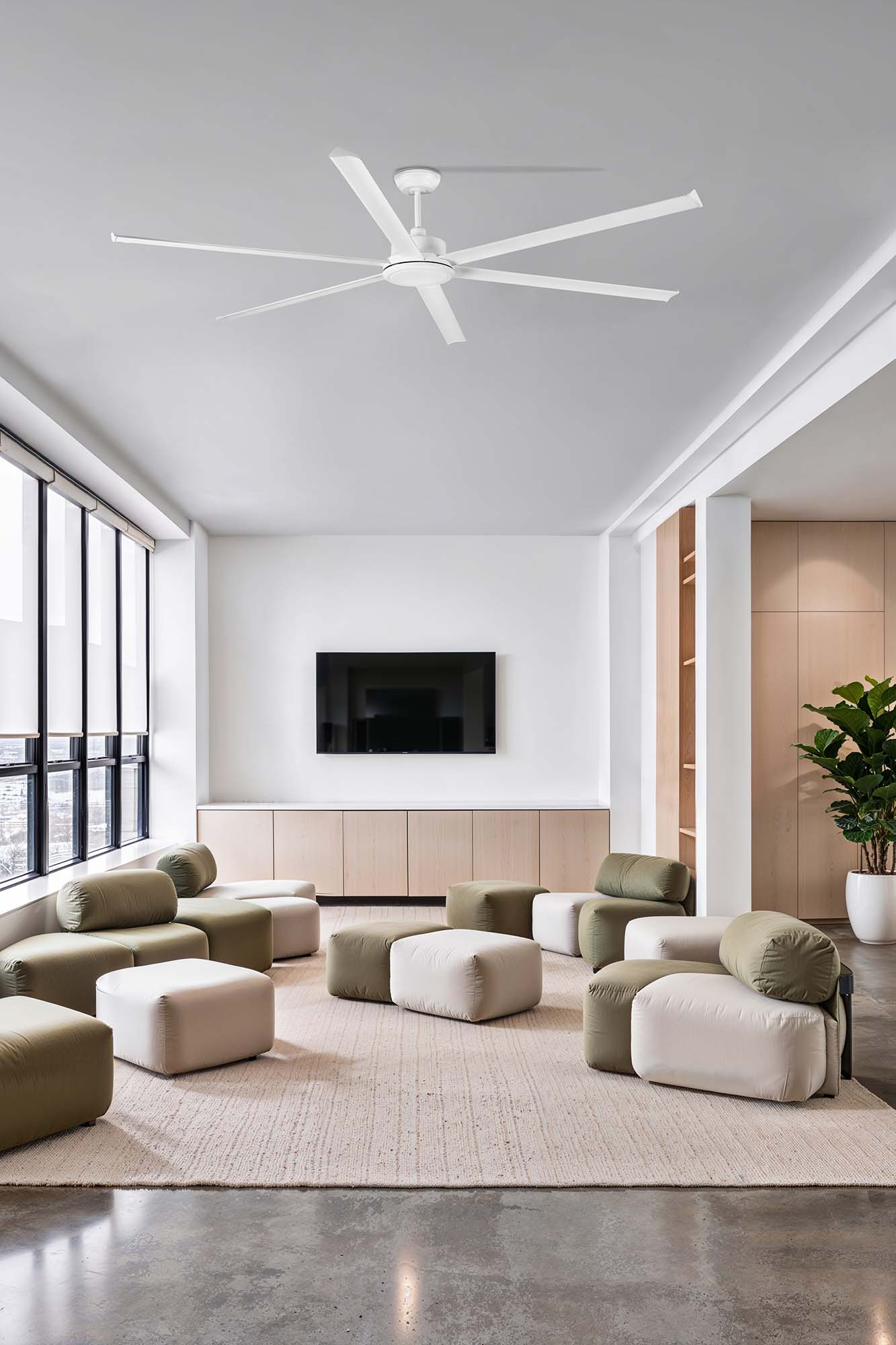 Soggiorno con ventilatore bianco, TV e posti a sedere. Divani e pouf verdi e beige su un tappeto, con una pianta nell'angolo.