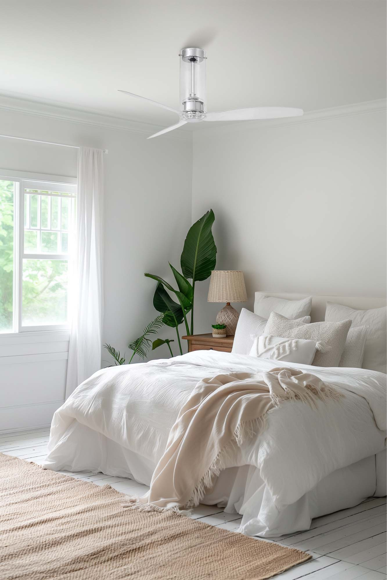 Helles weißes Schlafzimmer mit Deckenventilator, Bett, Pflanzen und Fenster. Beiger Teppich auf Holzboden.