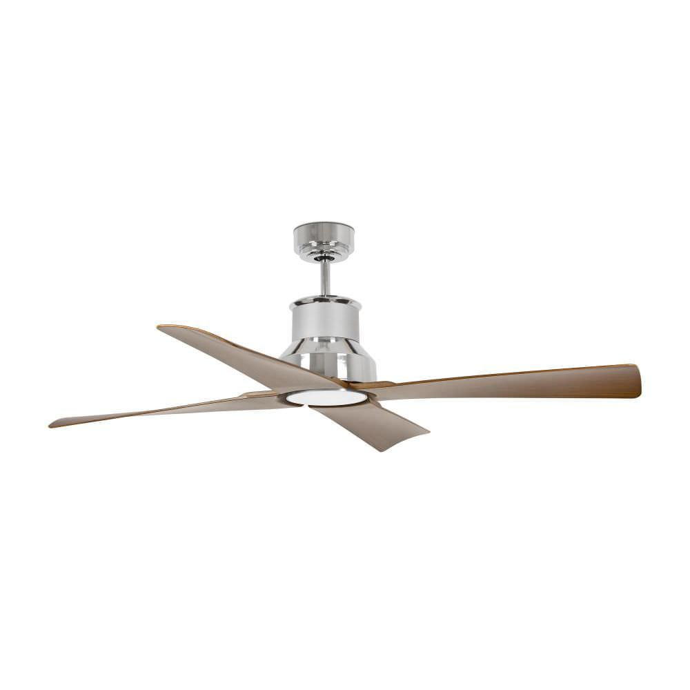 Deckenventilator mit vier Flügeln, silbernem Motor und braunen Flügeln, vor weißem Hintergrund.