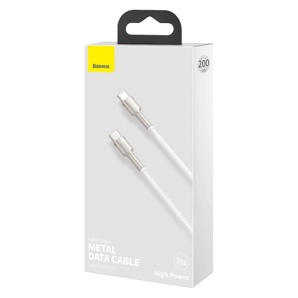 Una caja blanca con un cable de datos metálico Baseus. La caja tiene una asa negra y texto que indica 200 cm y 100w.